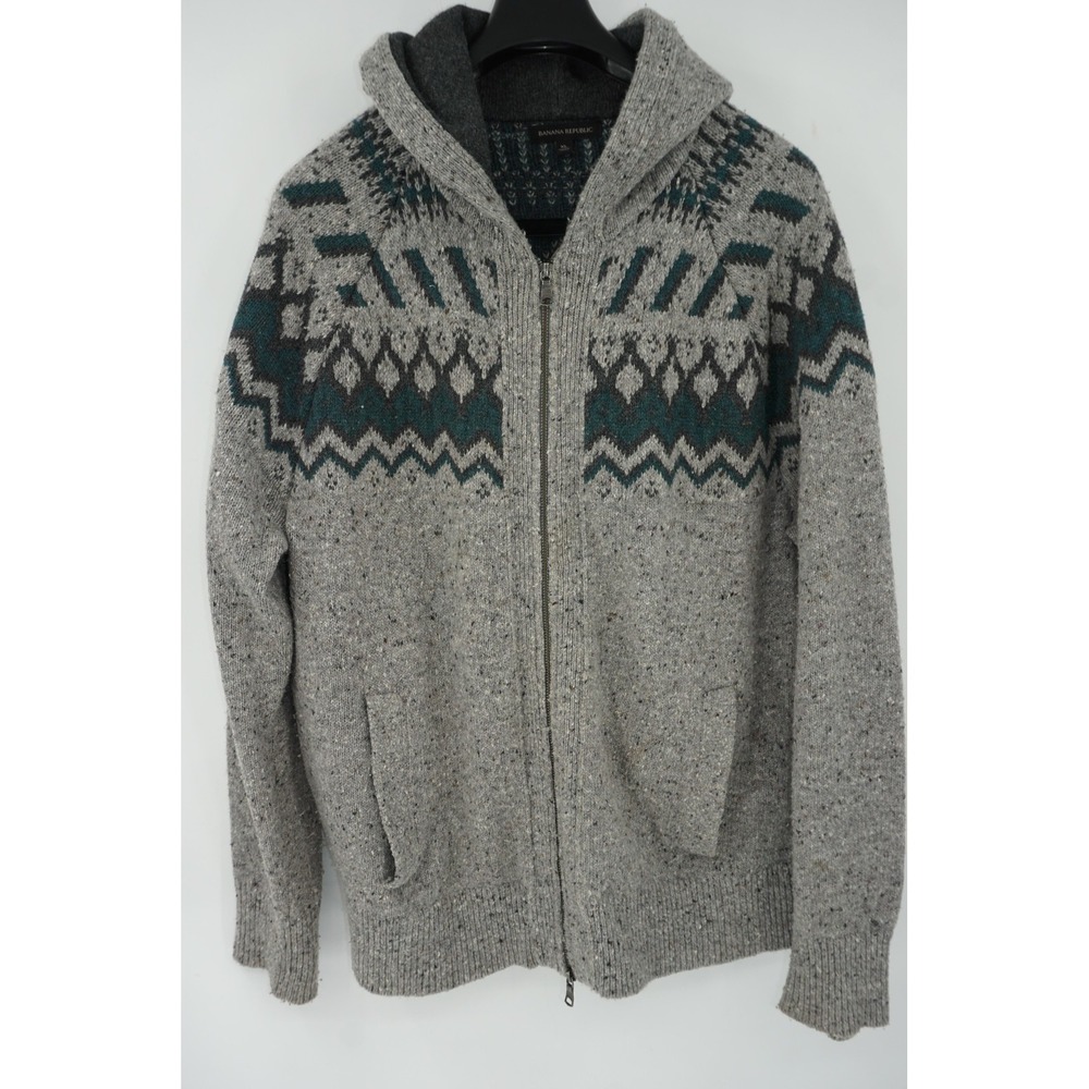 Banana Republic Sweater Mens XL Gray Hooded Full Zip Fair Isle Wool Blend